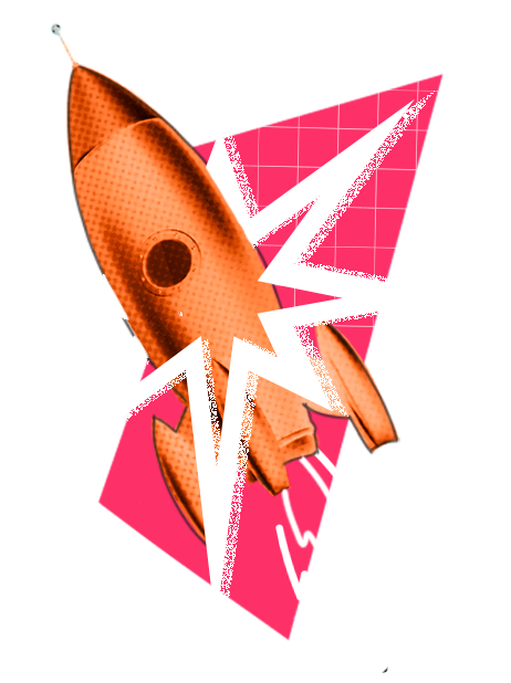 foguete laranja, com simbolo de explosão branco em volta, e um fundo retangular rosa com perspectiva