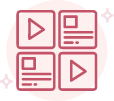 Icone - quatro blocos com icones de play e posts em rosa